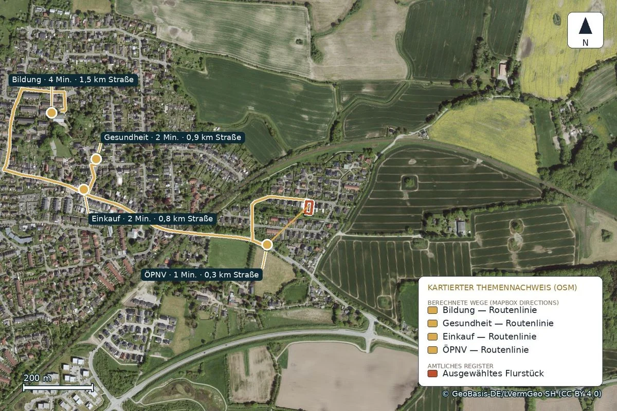Karte der Straßenrouten vom Flurstück in Flensburg-Tarup zu Alltagszielen, berechnet mit Mapbox Directions